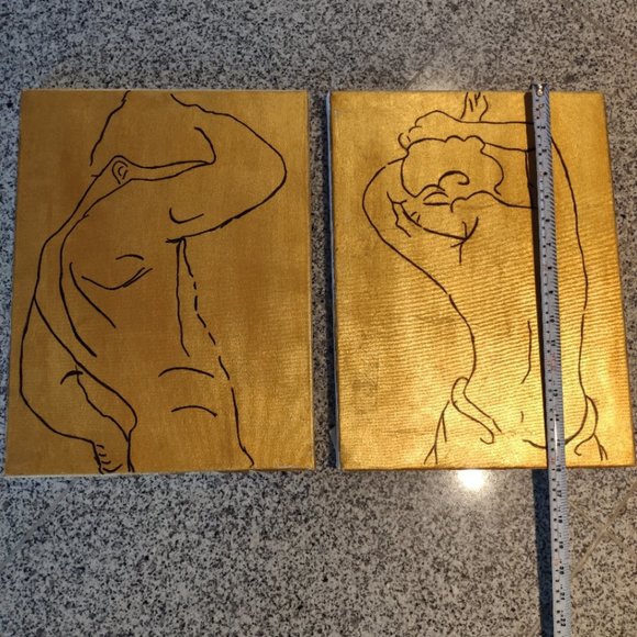 Pair of Gold Line Art Nude Backs Male and Female - Picture 9 of 14